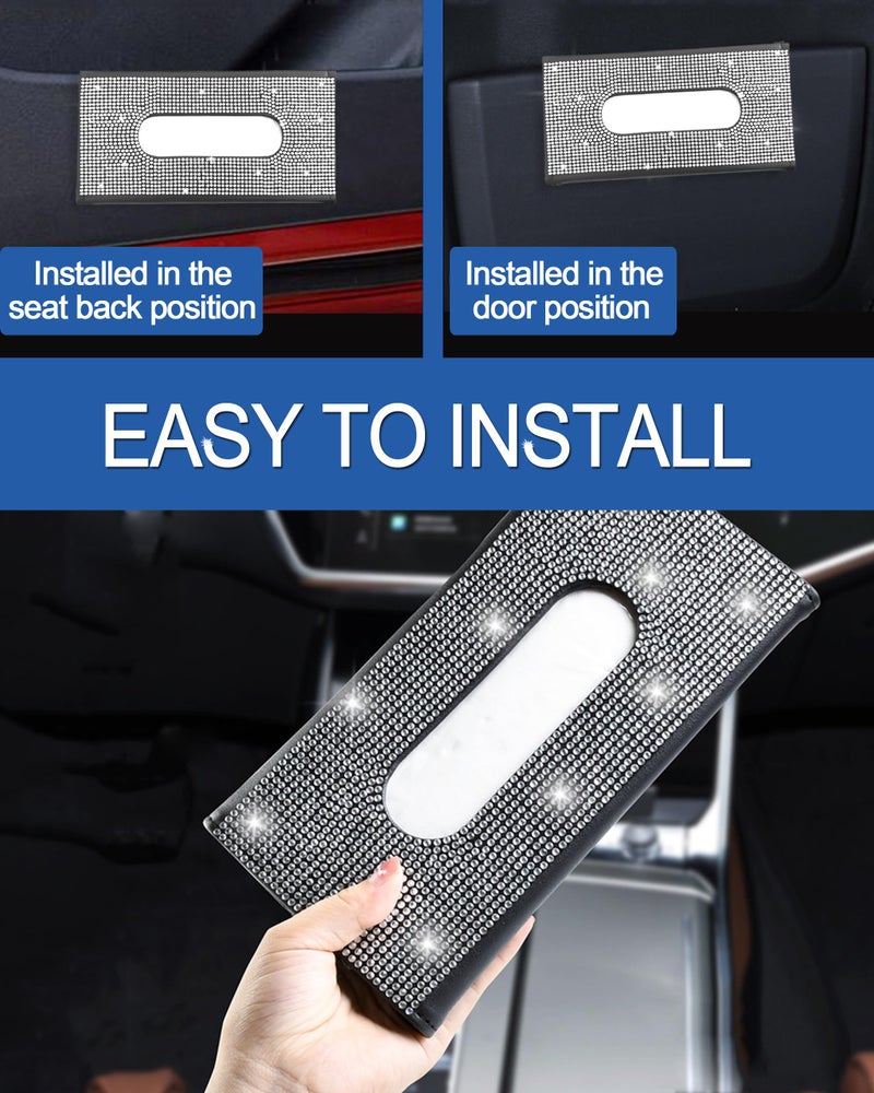 Xuduvay Bling Car Sun Visor Tissue Box Holder PU Leather with Bling Crystal Rhinestones Tissue Holder Car Accessories for Women (Black) - Image 3